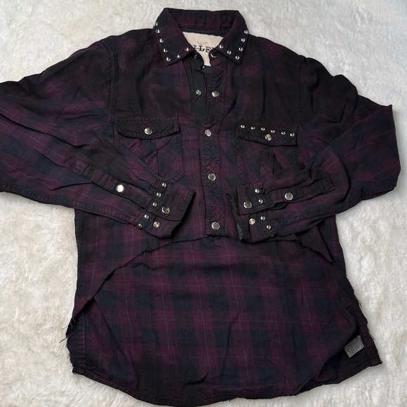 RILEY 1880‎ Crop Plaid Flannel Snap Up Shirt XS/S Bling Purple Western Grunge - Picture 15 of 17
